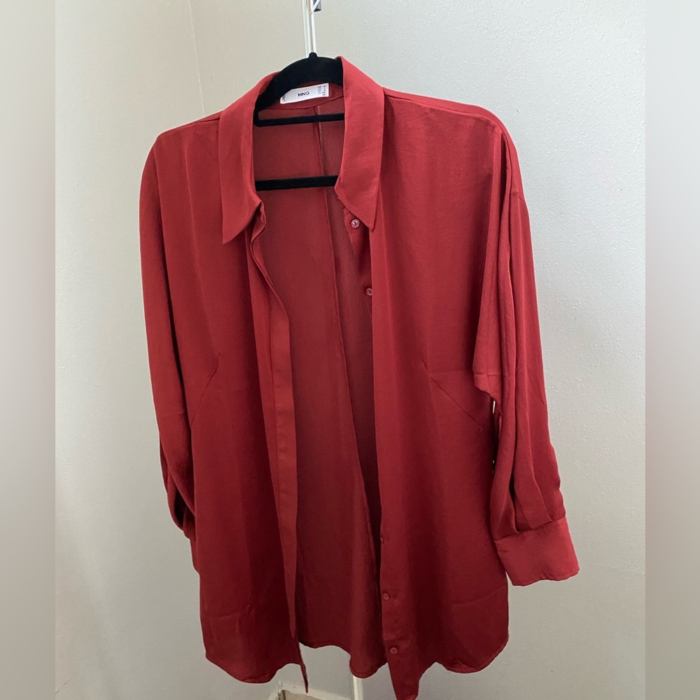 Mango Satin Red Button Down Shirt